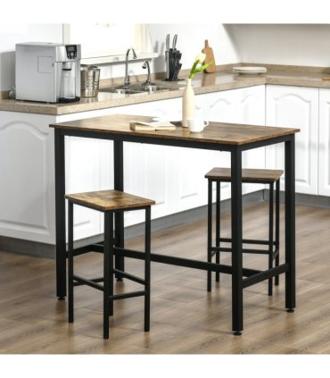 Industrial Bar Table Set, 2 Stools, 3PC Counter Height Rustic Brown