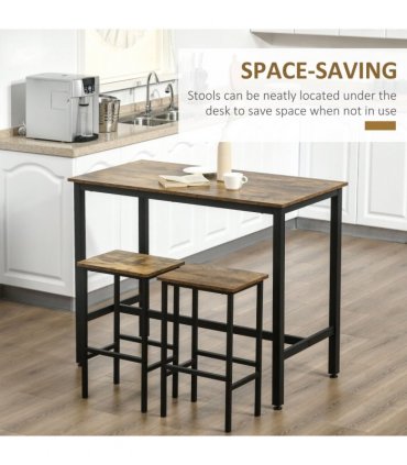 Industrial Bar Table Set, 2 Stools, 3PC Counter Height Rustic Brown