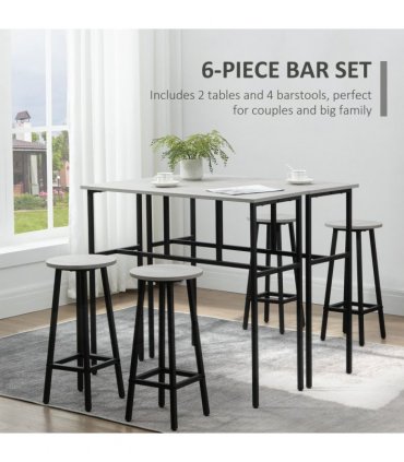 6-Piece Bar Table Set, 2 Breakfast Tables with 4 Stools,Grey