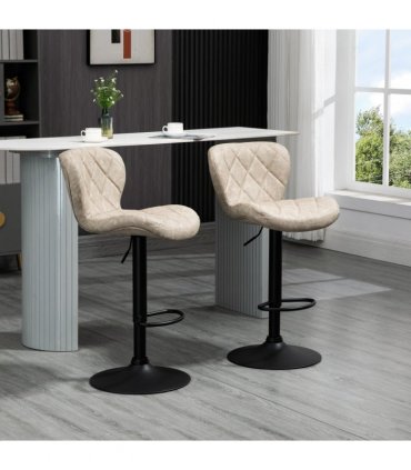 Set of 2 Chairs, Backrest and Footrest, Steel Frame Diamond Pattern PU Khaki