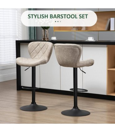 Set of 2 Chairs, Backrest and Footrest, Steel Frame Diamond Pattern PU Khaki