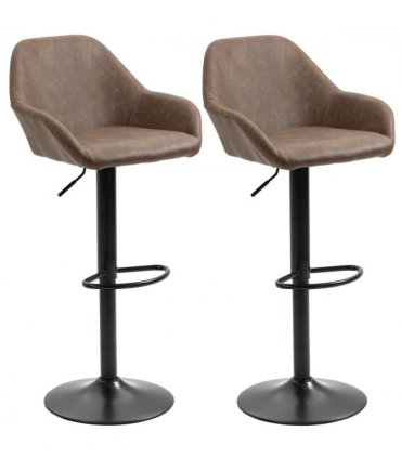 Set of 2, Swivel Barstools Footrest Backrest, PU Leather and Steel Brown