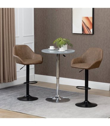 Set of 2, Swivel Barstools Footrest Backrest, PU Leather and Steel Brown