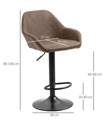Set of 2, Swivel Barstools Footrest Backrest, PU Leather and Steel Brown