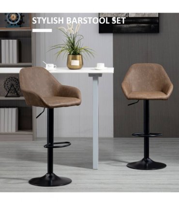 Set of 2, Swivel Barstools Footrest Backrest, PU Leather and Steel Brown