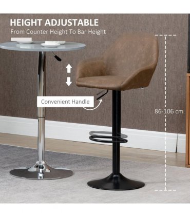 Set of 2, Swivel Barstools Footrest Backrest, PU Leather and Steel Brown