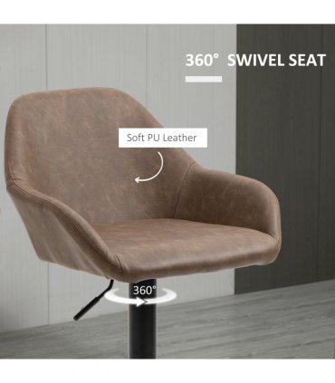 Set of 2, Swivel Barstools Footrest Backrest, PU Leather and Steel Brown