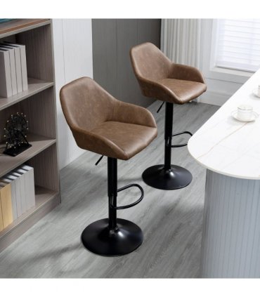 Set of 2, Swivel Barstools Footrest Backrest, PU Leather and Steel Brown