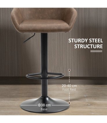 Set of 2, Swivel Barstools Footrest Backrest, PU Leather and Steel Brown