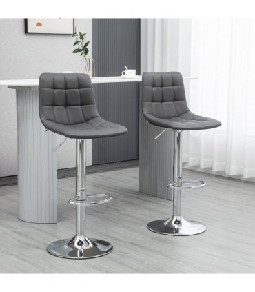 Breakfast Dining Stools Set of 2, Adjustable Swivel Footrest Grey Faux Leather