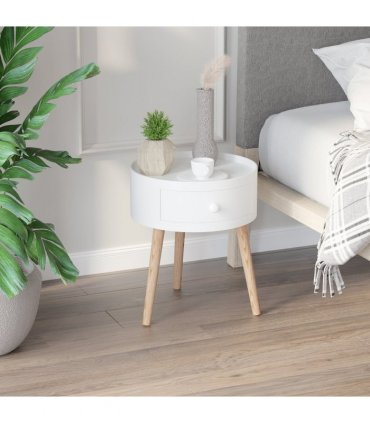 Round Coffee Table White Natural wood colour 38 x 45H cm MDF Drawer Kids-safe