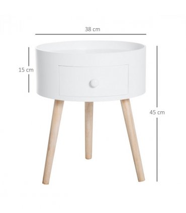 Round Coffee Table White Natural wood colour 38 x 45H cm MDF Drawer Kids-safe