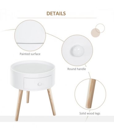 Round Coffee Table White Natural wood colour 38 x 45H cm MDF Drawer Kids-safe