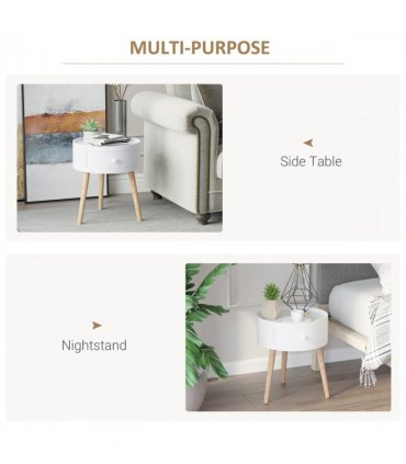 Round Coffee Table White Natural wood colour 38 x 45H cm MDF Drawer Kids-safe
