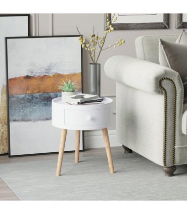 Round Coffee Table White Natural wood colour 38 x 45H cm MDF Drawer Kids-safe
