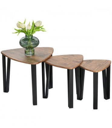 Coffee Table Set 3 PC Stackable MDF Steel Frame Walnut 45.4cmx56cmx54.2cm