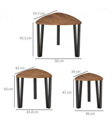 Coffee Table Set 3 PC Stackable MDF Steel Frame Walnut 45.4cmx56cmx54.2cm