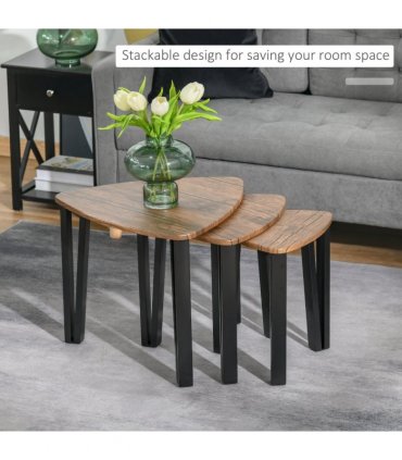 Coffee Table Set 3 PC Stackable MDF Steel Frame Walnut 45.4cmx56cmx54.2cm