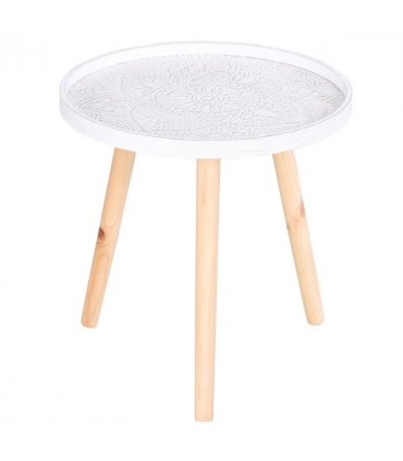 Pine Wood Floral Etched Side Table w/ Saucer Top White
