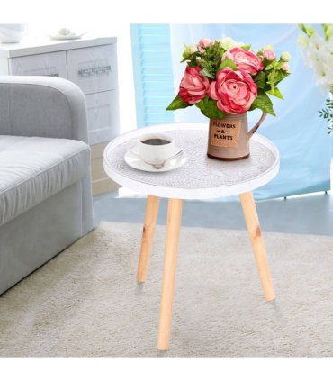 Pine Wood Floral Etched Side Table w/ Saucer Top White