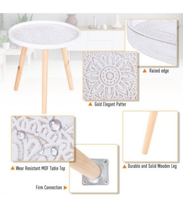 Pine Wood Floral Etched Side Table w/ Saucer Top White