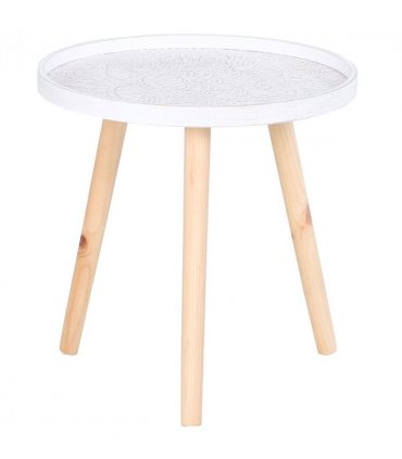 Pine Wood Floral Etched Side Table w/ Saucer Top White