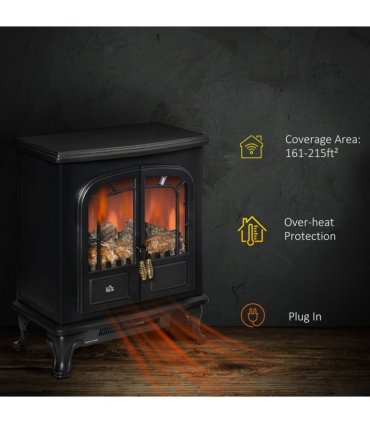 Electric Fireplace LED Fire Flame Effect, Double Door,  1000W/2000W, Black