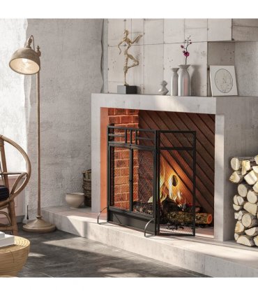 3-Panel Folding Fireplace Screen Spark Guard Metal Mesh Fireguard Black