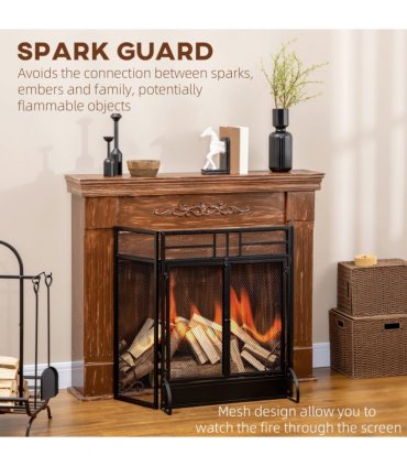 3-Panel Folding Fireplace Screen Spark Guard Metal Mesh Fireguard Black