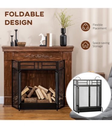 3-Panel Folding Fireplace Screen Spark Guard Metal Mesh Fireguard Black