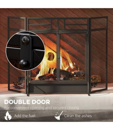 3-Panel Folding Fireplace Screen Spark Guard Metal Mesh Fireguard Black
