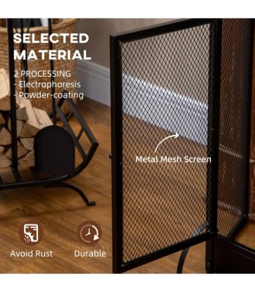 3-Panel Folding Fireplace Screen Spark Guard Metal Mesh Fireguard Black