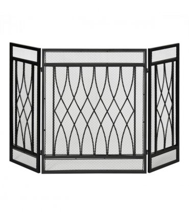 3-Panel Folding Fireplace Screen Metal Mesh Fire Spark Guard Black