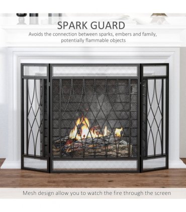 3-Panel Folding Fireplace Screen Metal Mesh Fire Spark Guard Black