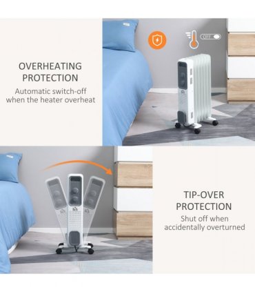 1630W Oil Filled Radiator, Adjustable Thermostat Safety switch, White
