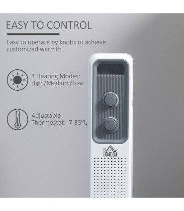 1630W Oil Filled Radiator, Adjustable Thermostat Safety switch, White