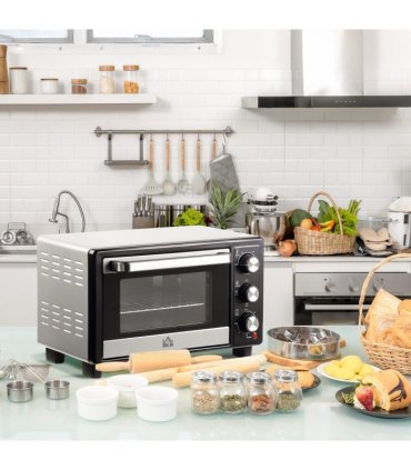 Mini Oven Silver 16L Capacity 1400W Grill 100-230°C Top Bottom Timer Glass
