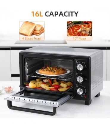 Mini Oven Silver 16L Capacity 1400W Grill 100-230°C Top Bottom Timer Glass