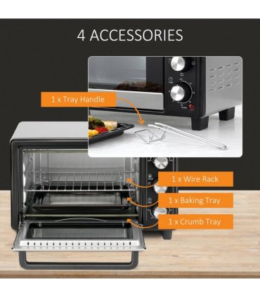 Mini Oven Silver 16L Capacity 1400W Grill 100-230°C Top Bottom Timer Glass