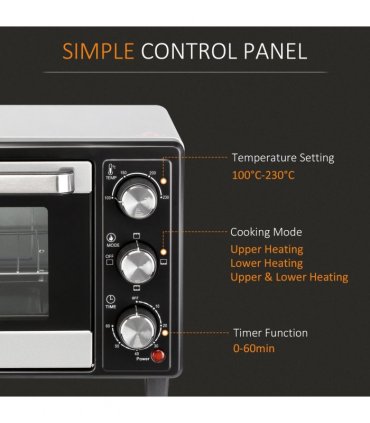 Mini Oven Silver 16L Capacity 1400W Grill 100-230°C Top Bottom Timer Glass