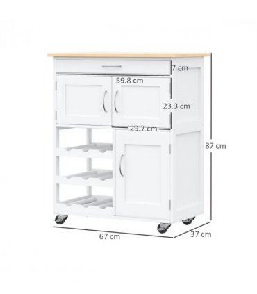 Modern Kitchen Trolley Rolling Island Storage Cart Drawer 9 Bottle Rack White