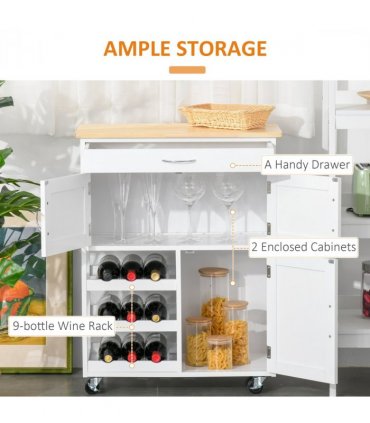 Modern Kitchen Trolley Rolling Island Storage Cart Drawer 9 Bottle Rack White