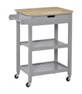 Kitchen Trolley Utility Cart on Wheels with Rubberwood Worktop Towel Rack