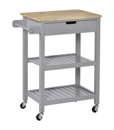 Kitchen Trolley Utility Cart on Wheels with Rubberwood Worktop Towel Rack