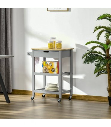 Kitchen Trolley Utility Cart on Wheels with Rubberwood Worktop Towel Rack
