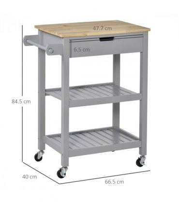 Kitchen Trolley Utility Cart on Wheels with Rubberwood Worktop Towel Rack