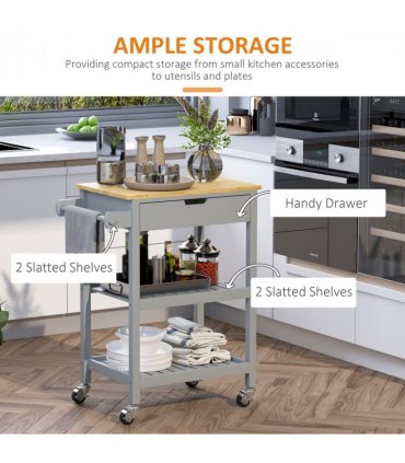 Kitchen Trolley Utility Cart on Wheels with Rubberwood Worktop Towel Rack