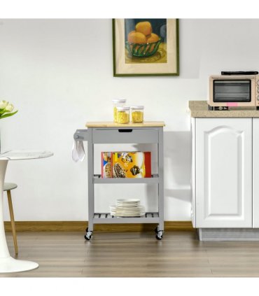 Kitchen Trolley Utility Cart on Wheels with Rubberwood Worktop Towel Rack