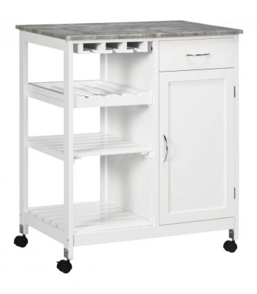 Kitchen Trolley Utility Cart on Wheels with Wine Rack, Drawer, Open Shelf White