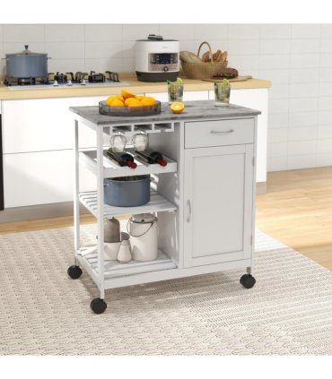 Kitchen Trolley Utility Cart on Wheels with Wine Rack, Drawer, Open Shelf White